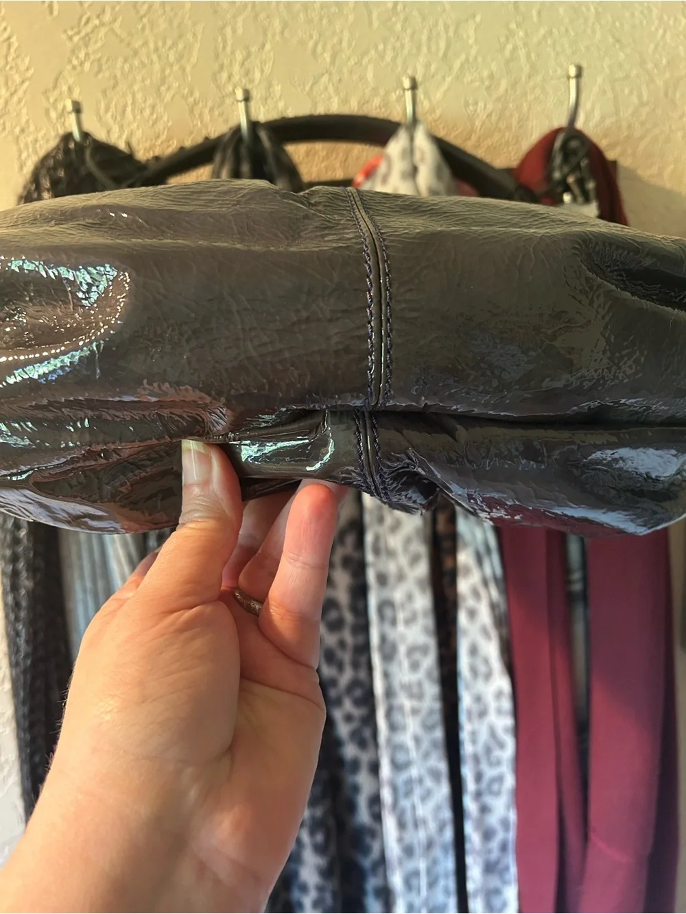 Francesco Biasia Dark Storm Grey Patent Leather Hobo Shoulder Bag